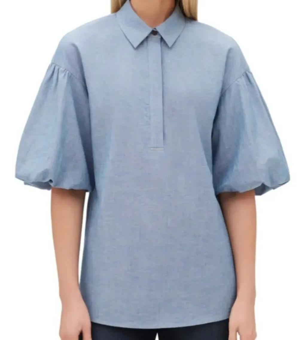 Lafayette 148 Womens XS Pia Short Puff Sleeve Blouse Silver Trim Cotton Blue
